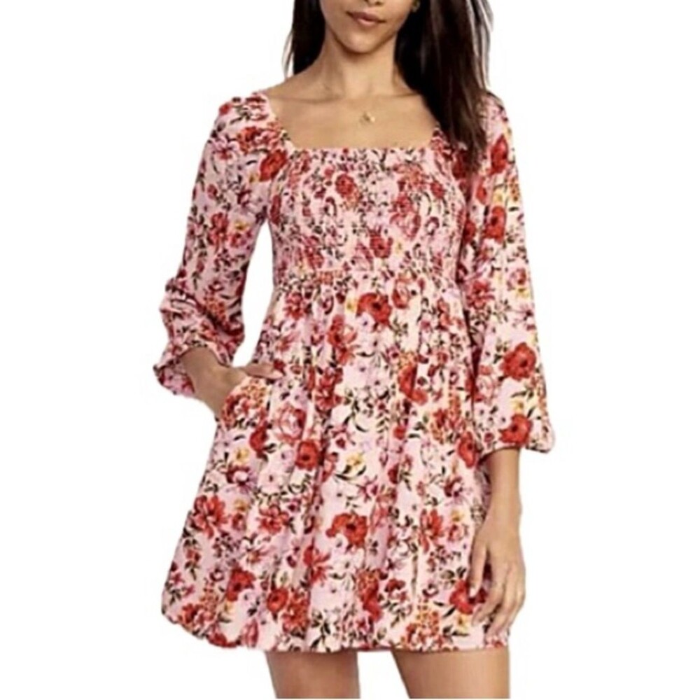 Old Navy Rose Floral Print Babydoll Mini Dress Size Large Smocked Balloon Sleeve